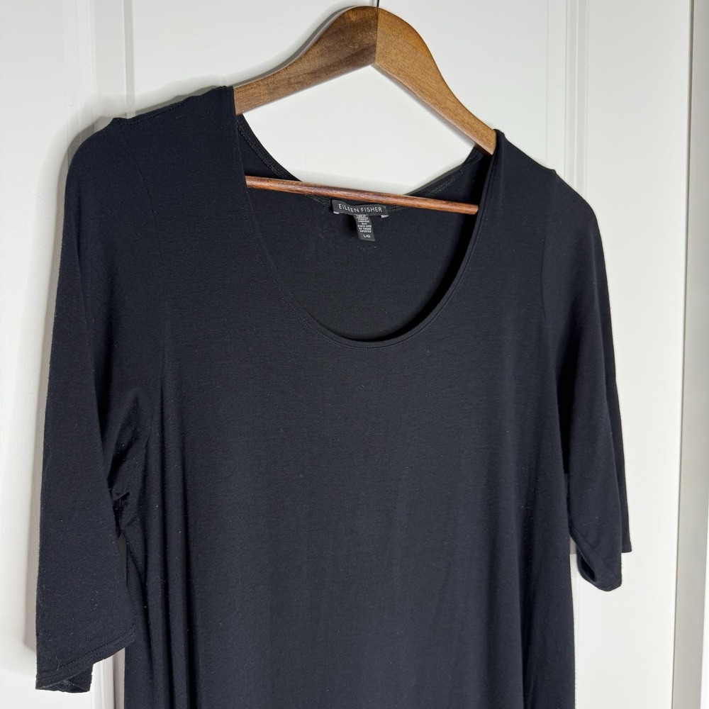 Eileen Fisher Black 3/4 Sleeve Scoop Neck Midi Dress Size L G